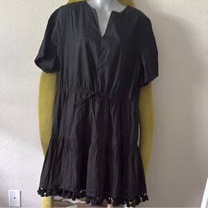 Black Short Sleeve Dress with Tassel Hem